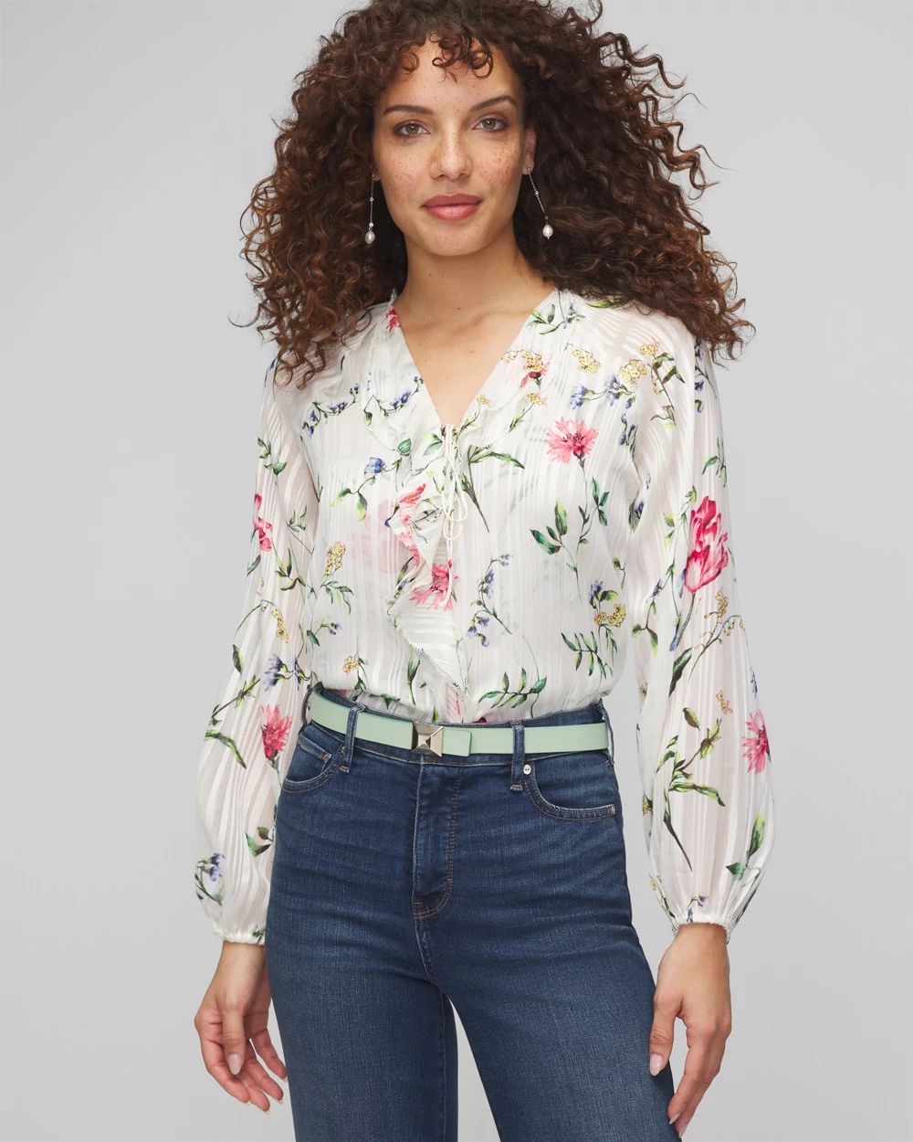 Ruffle front blouse long sleeve discount
